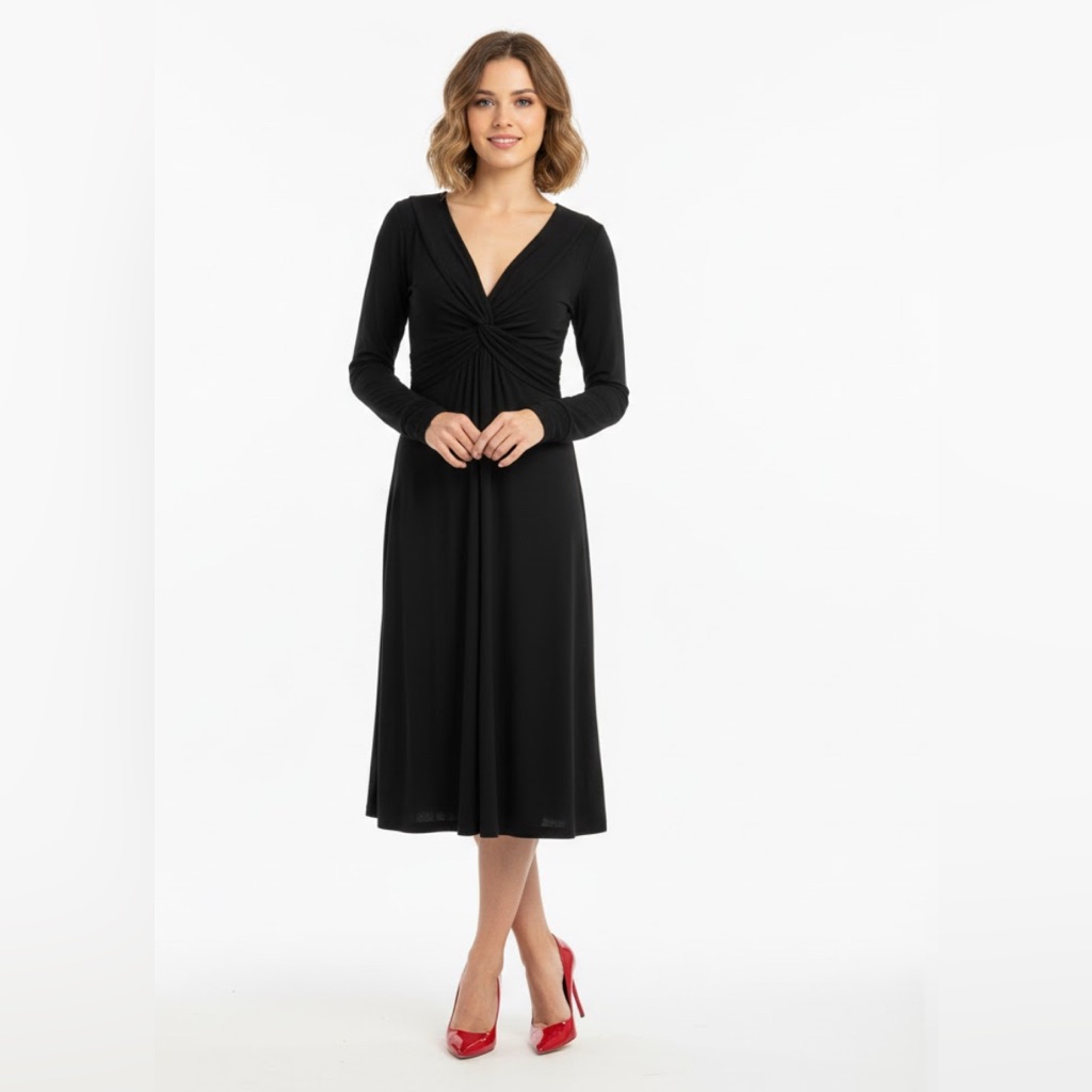 Boden Twisted Front Long Sleeve Fit & Flare Stretchy Black Midi Dress Size 6